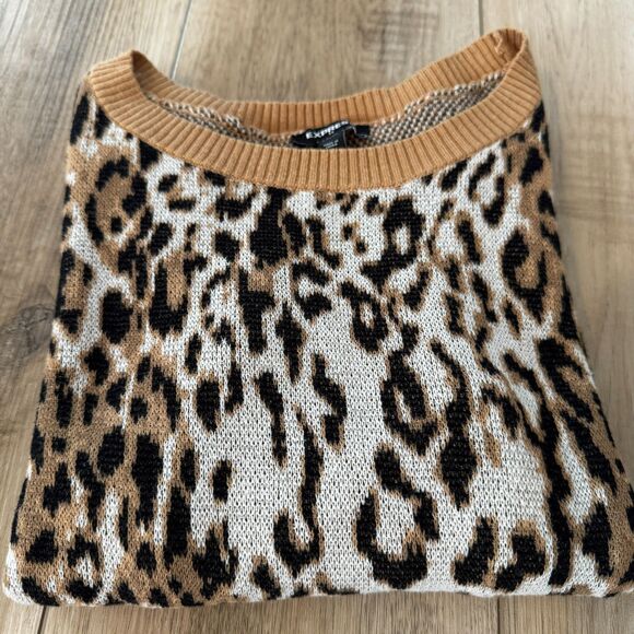 Express Women's XS Fitted Crewneck Sweater Leopard Print Soft Stretchy Tan Black - Picture 14 of 14